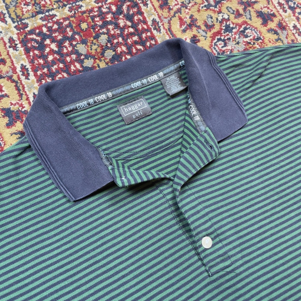 VTG 90s Haggar Golf Men's XL Green Stripe Polo Shirt Cool 18 Short Sleeve - Picture 2 of 3